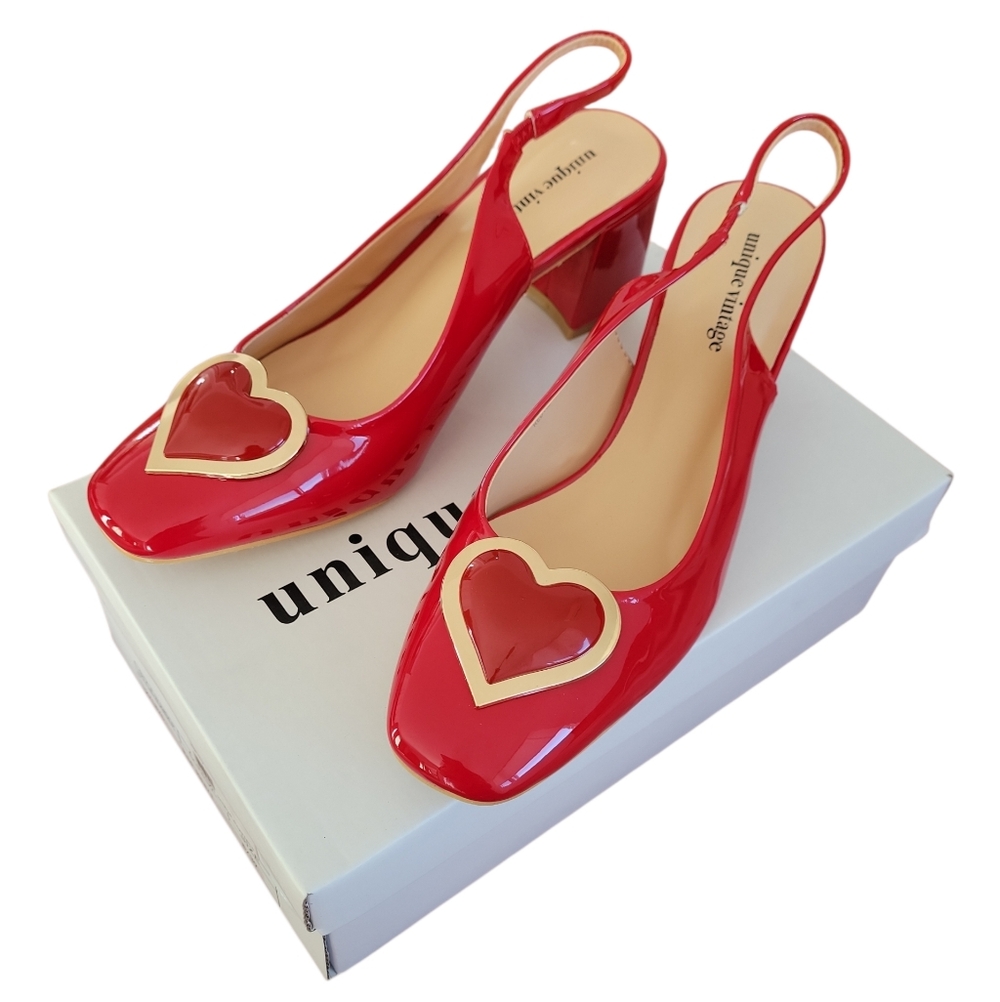 NWT Unique Vintage Red Heart Leatherette Slingback Heels